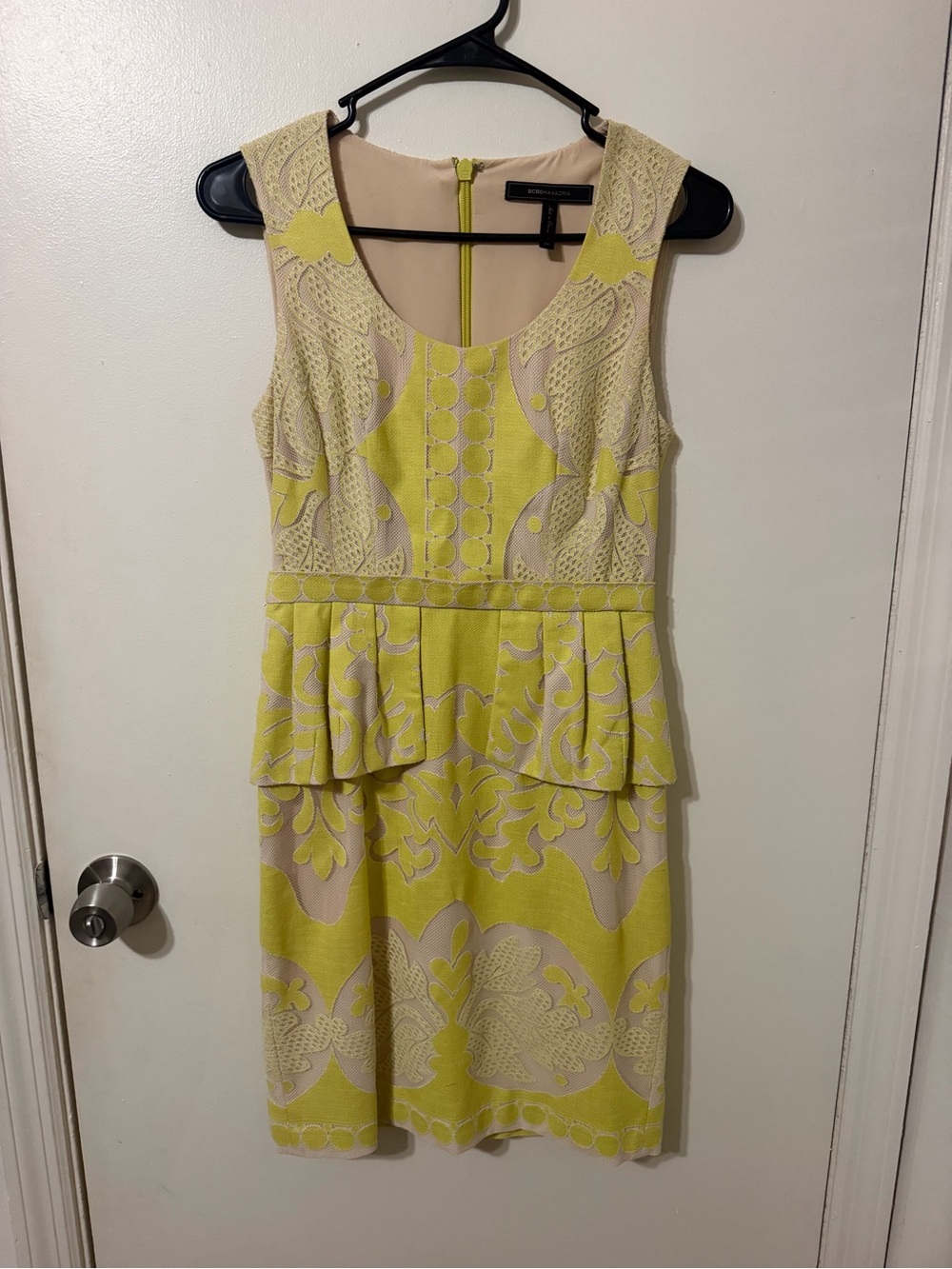 BCBGMaxAzria Yellow and Cream Lace-Overlay Peplum Mini Dress